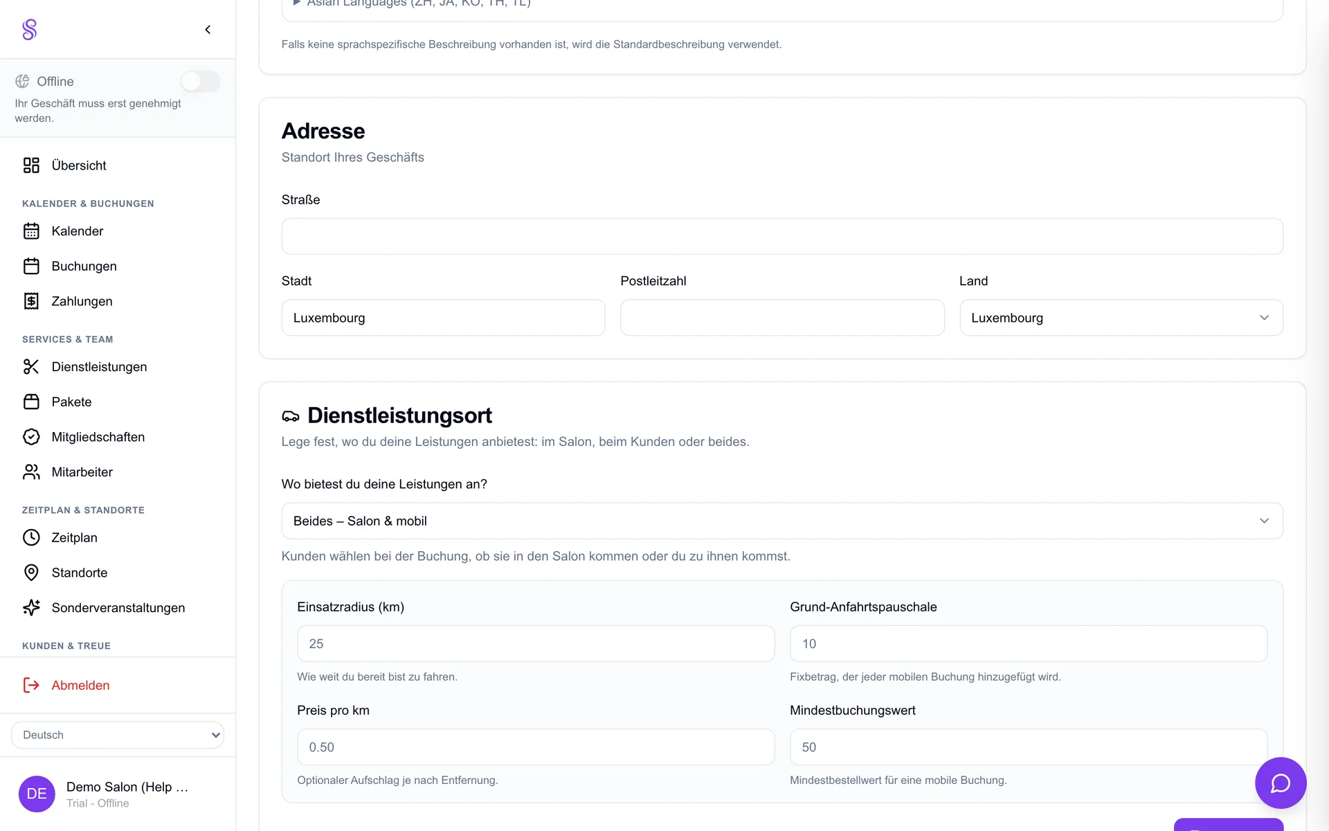 Einstellungen Service-Ort